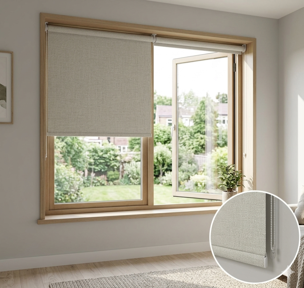 LINEN-LOOK WOVEN TEXTURE: THE FABRIC SIMULATES A HIGH-QUALITY, ORGANIC LINEN WEAVE OR A SUBTLE JACQUARD PATTERN WHICH SOFTENS INCOMING SUNLIGHT AND ADDS VISUAL WARMTH TO THE ROOM.