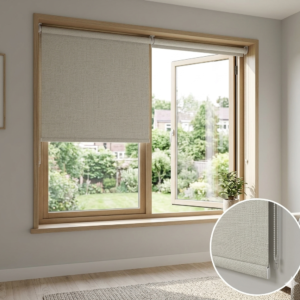 Linen-Look Woven Texture: The fabric simulates a high-quality, organic linen weave or a subtle jacquard pattern which softens incoming sunlight and adds visual warmth to the room.